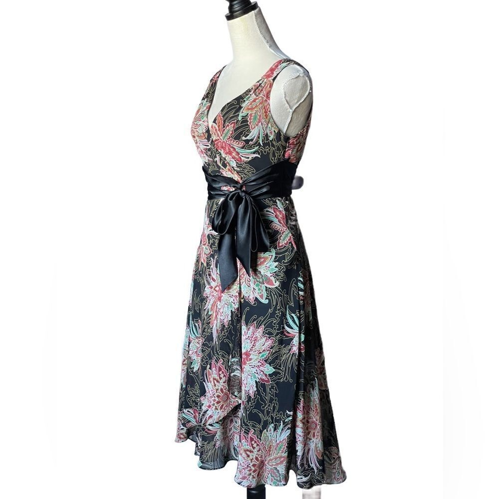 Evan Picone Black Chiffon Dress w/ Floral Designs & Satin Sash (Size: 10P)